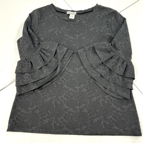 Jade Mackenzie Black Floral Textured Ruffle Bell Sleeve Blouse Modest Feminine L - Picture 7 of 7